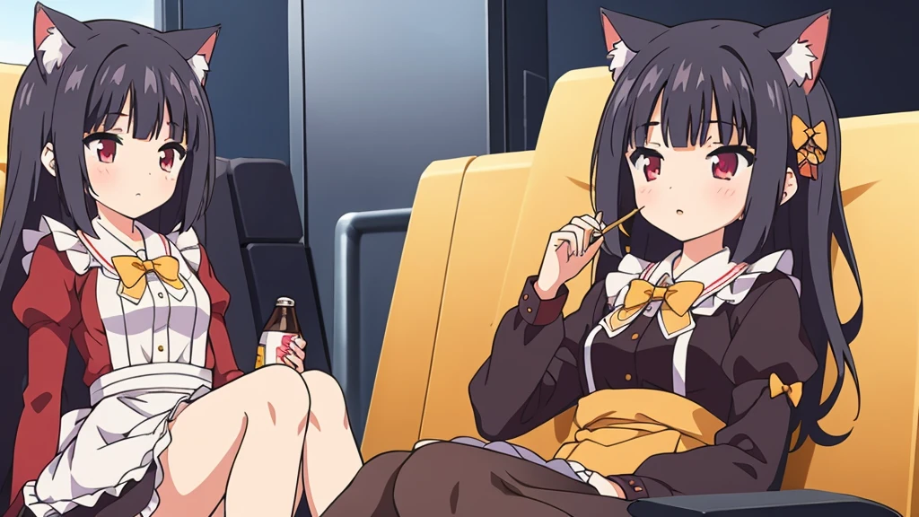 1 girl, Alone, Brown hair, animal ears, cola, cat ears, cat cola, bow, old, two sides up, long sleeves, maid headvestido, Bell, jingle Bell, food, short hair, short dress mini skirt, small old, puffy sleeves, bowtie, cat girl, steering wheels, juliet sleeves, animal ear fluff, hits, apron, hair bow, clothing trimming, strawberry, blush, clavicle
