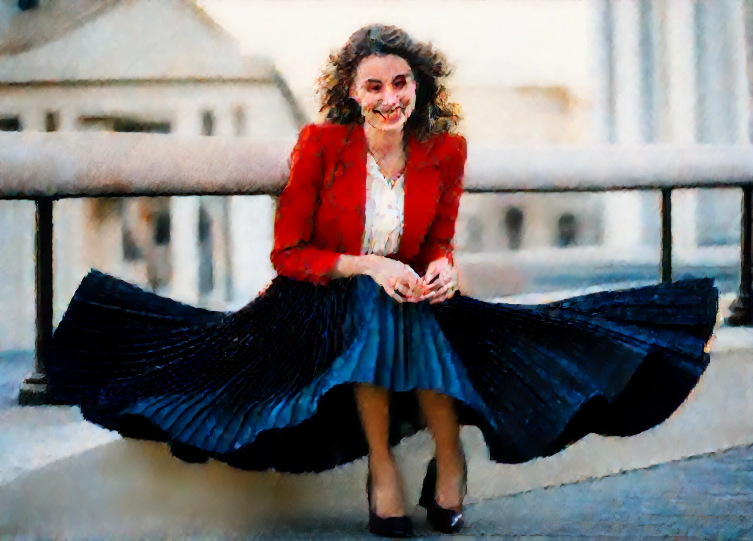 A smiling, authentic, (shy:1,3), kind, beautiful woman, is passionately in love with her skirt, wind wildly lifts her skirt, wearing uniform jacket and very, very detailed (long (fully pleated) full circle skirt) and (low heeled court shoes), very, very intricate hyper-detailed symmetric (attractive graceful young feminine face) with (sad, tired eyes and a loving smile), very voluptuous breasts, full of empathy and compassion and love, (pronounced (feminine) features), (highly detailed ultra accurate realistic) hands and fingers, (windy), epic composition, highly detailed attributes, (35mm f1.4 Kodak portra 400 photograph), extremely high quality RAW photograph, highly detailed atmosphere, sci-fi, cinematic shot, dynamic lighting, 75mm, Technicolor, Panavision, cinemascope, sharp focus, fine details, 8k, HDR, realism, realistic, key visual, film still, superb cinematic color grading, depth of field