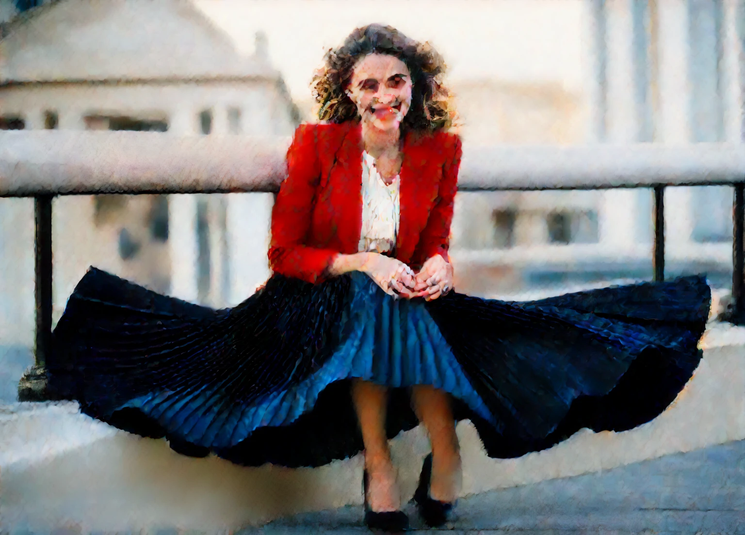 A smiling, authentic, (shy:1,3), kind, beautiful woman, is passionately in love with her skirt, wind wildly lifts her skirt, wearing uniform jacket and very, very detailed (long (fully pleated) full circle skirt) and (low heeled court shoes), very, very intricate hyper-detailed symmetric (attractive graceful young feminine face) with (sad, tired eyes and a loving smile), very voluptuous breasts, full of empathy and compassion and love, (pronounced (feminine) features), (highly detailed ultra accurate realistic) hands and fingers, (windy), epic composition, highly detailed attributes, (35mm f1.4 Kodak portra 400 photograph), extremely high quality RAW photograph, highly detailed atmosphere, sci-fi, cinematic shot, dynamic lighting, 75mm, Technicolor, Panavision, cinemascope, sharp focus, fine details, 8k, HDR, realism, realistic, key visual, film still, superb cinematic color grading, depth of field