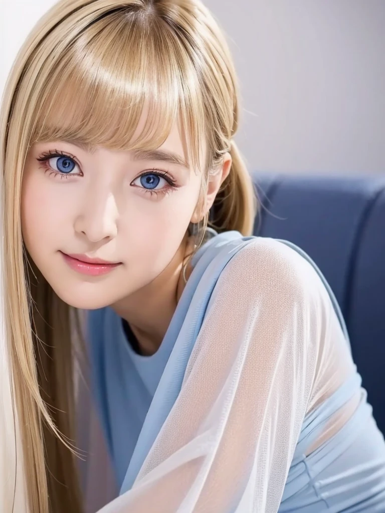 Portrait、、Bright expression、ponytail、Younger, brighter, whiter skin、Best Looks、Natural blonde hair with shiny highlights、Shiny bright hair,、Super long, silky straight hair、Shiny beautiful bangs、double eyelid、eyeliner、Sparkling, clear, attractive big blue eyes、Very beautiful, lovely and cute 16 year old Scandinavian girl、Ample breasts