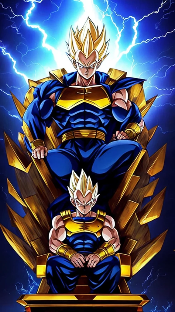 arafed image of a man sitting on a throne with lightning in the background, prince vegeta, vegeta, with vegeta head hair, saiyan armor, sitting on a stone throne, fan art, super saiyan joe biden, sitting on the porcelain throne, sitting on obsidian throne, sitting on golden throne, adi granov, sitting on a metal throne