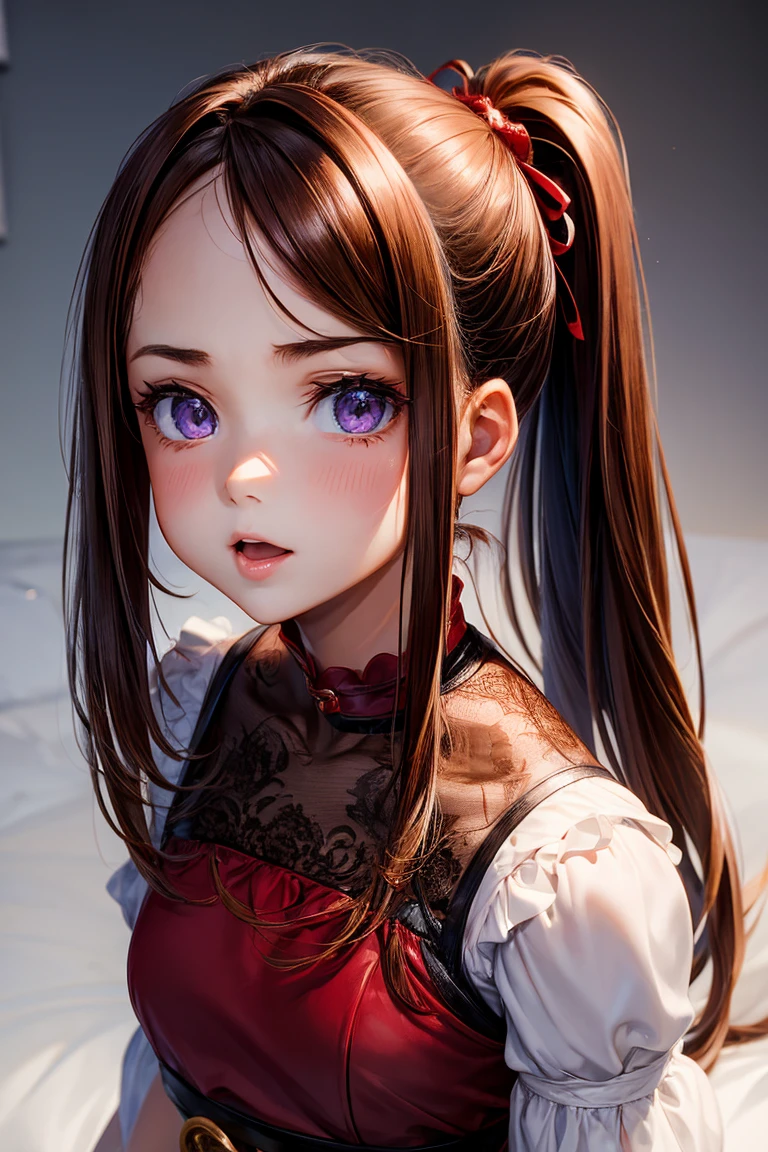 (1 Girl), masterpiece, best quality, Super beautiful illustrations, Very cute  girl, Very detailed beautiful face, Looking at the audience, 1 Girl, belt, close up, Looking at the audience, 4K, high resolution, Ribbon, Wild Misunderstanding, blush, Throw, Double ponytail hairstyle, White background, Simple background, Thick outline, Purple Eyes, (sleep), Brown hair, Red Cliff, Expression of love,  ((Brown hair)), (Blood),