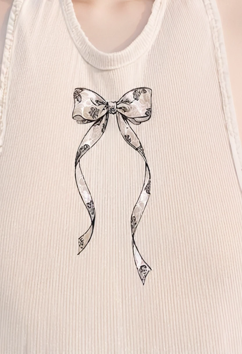 a close up of a woman wearing a white shirt with a bow on it, ornamental bow, Bow, Ripples in the chest, Curves and arches, Upper body close-up, Upper body close-up, ribbon, Tied shirt, Thick Bow, Delicate decoration, white! Tank top with print, Neckline, Smooth down to the finest details, Halter top、white黒活版印刷