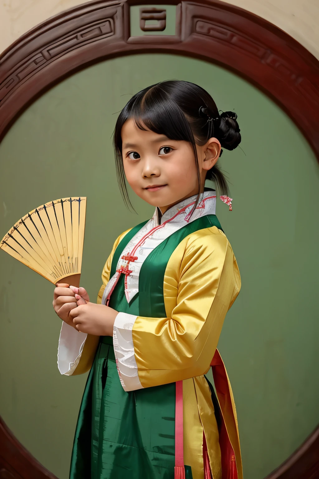 Puwei, China, 1830. A little ((((7-year-old)) WhiteLily)), girl, with a ((fan)), ((((chinese clothings from the 1830s)))), ((short bob hairstyle of the 1830s)), ((colorful))