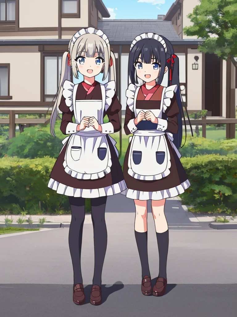 (masterpiece:1.2), best quality, highres, original, (extremely detailed:1.2), ultra-detailed, wallpaper, perfect lighting,(extremely detailed CG:1.2), 8k, anime illustration, 1boy, solo, cute, kawaii, crossdressing, (twin tails, light-blue eyes, flat chest, open the mouth, laughing, happy:1.2), (Chinese-style maid outfit, apron, ruffles hemline, knee-length dress:1.3), standing in front of the camera, frontal, looking at viewer, (anatomically correct:1.5), outdoor, full body