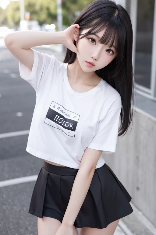 black hair pretty girl, short skirt, white skin, cumshot