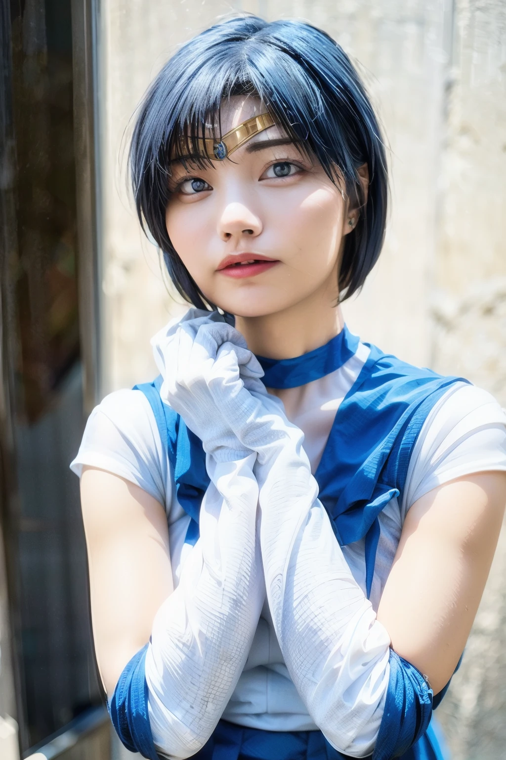 (realistic, photo-realistic:1.4), (best quality,masterpiece:1.2), RAW photo, high resolution, intricate details, extremely detailed, realistic and sharp details, cinematic lighting, portrait, solo, 1girl, sailor mercury, mer1, AmiMizuno, a Japanese female idol wearing a sailor senshi uniform, smuniform, (jewelry, circlet, crescent earrings, blue sailor collar, neck ribbon, blue knee boots, white elbow gloves, blue choker, blue skirt), (short hair, blue hair:1.5), seductive pose, detailed face, detailed eyes, pale skin, fine-textured skin, (perfect anatomy, prefect hands), octane rendering, goddess of water,