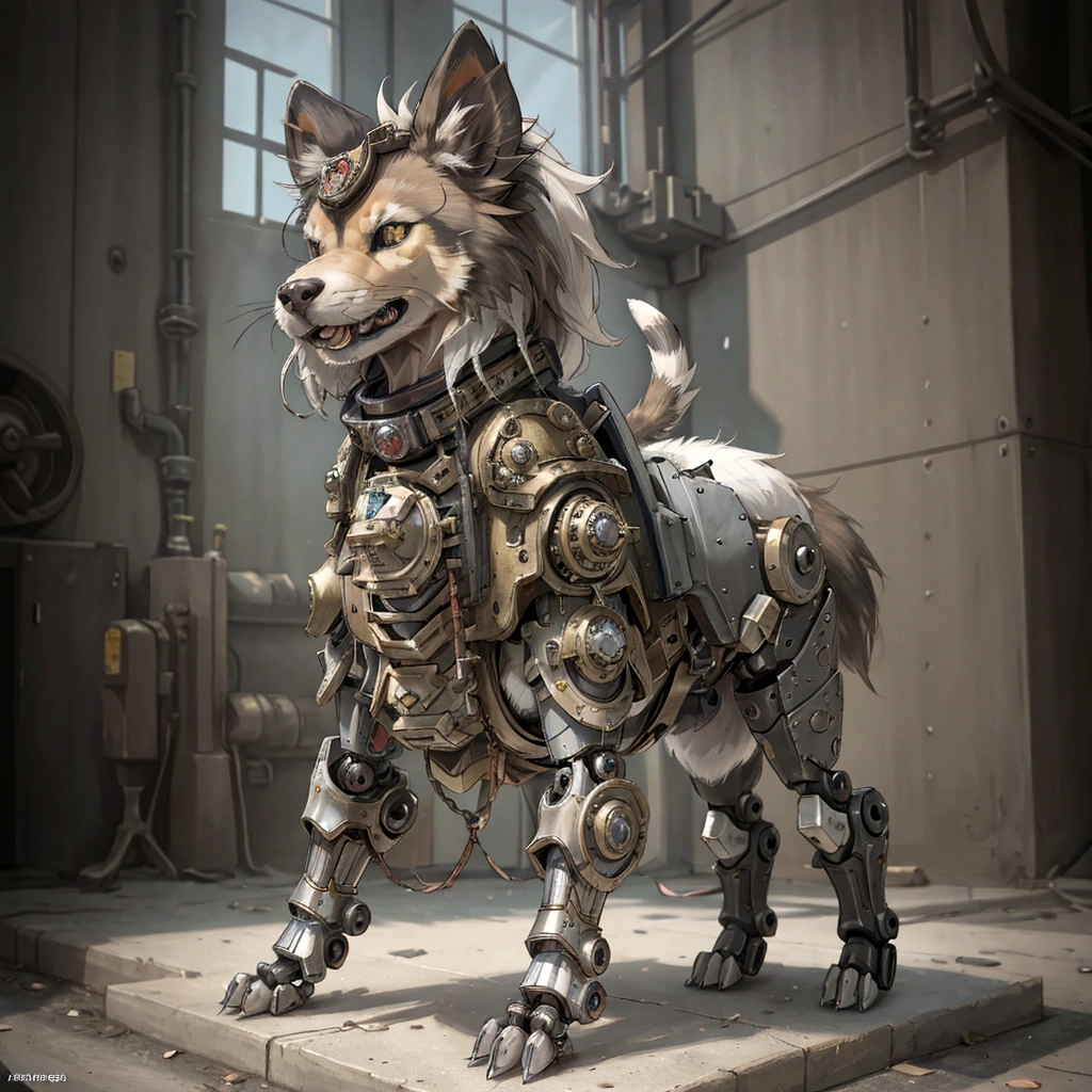 The building has a metal dog statue on its base., Armored Catの仲間, husky in shiny armor, Armored Cat, Steampunk dog, Cyborg dog, rendered in redshift, Steampunk ferret - a shaped mecha, Robot Lion, Industrial Mechanical Robot Dog, Highly detailed rendering, A good giant mechanical wolfdog, Detailed and complex rendering, Expressed in 3D rendering