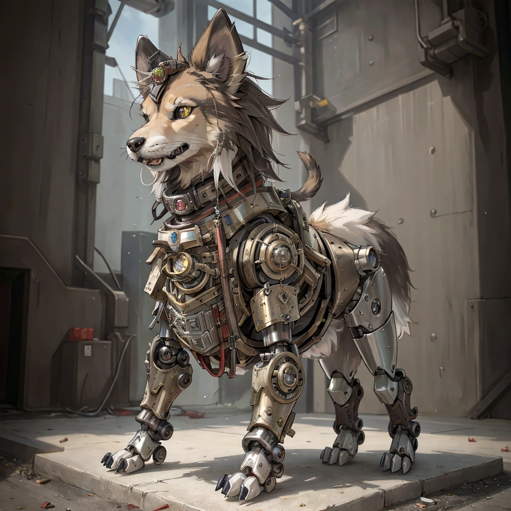 The building has a metal dog statue on its base., Armored Catの仲間, husky in shiny armor, Armored Cat, Steampunk dog, Cyborg dog, rendered in redshift, Steampunk ferret - a shaped mecha, Robot Lion, Industrial Mechanical Robot Dog, Highly detailed rendering, A good giant mechanical wolfdog, Detailed and complex rendering, Expressed in 3D rendering