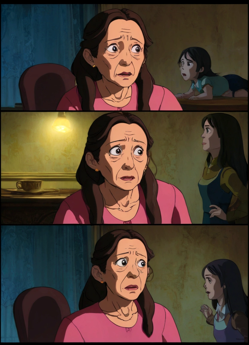 the mother discovers the transformed daughter [Pina], her face a mix of shock and sorrow as she realizes what has happened.
