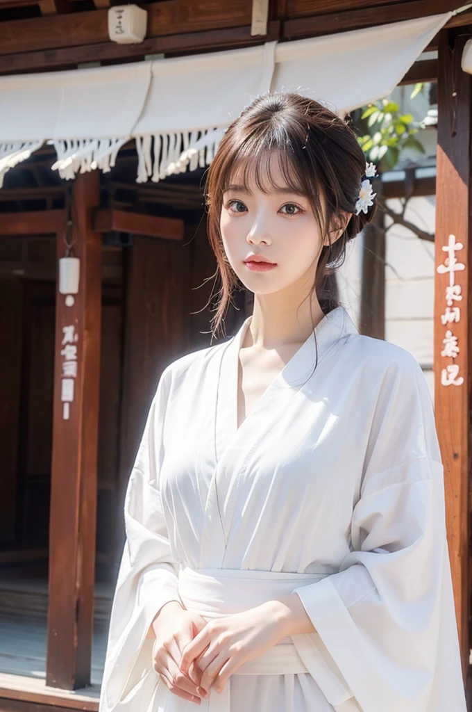 Fox-faced beauty、She is wearing a white kimono and has an elegant appearance.、The background is a fantastic shrine、8K、Amazing beauties