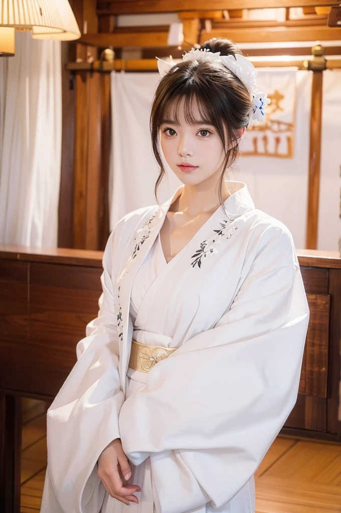 Fox-faced beauty、She is wearing a white kimono and has an elegant appearance.、The background is a fantastic shrine、8K、Amazing beauties