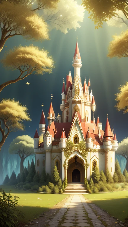 Forest Castle Background, Ivory Gold AI Psychedelic Magic, Cat, Fairy, Clean, bright, Smile
