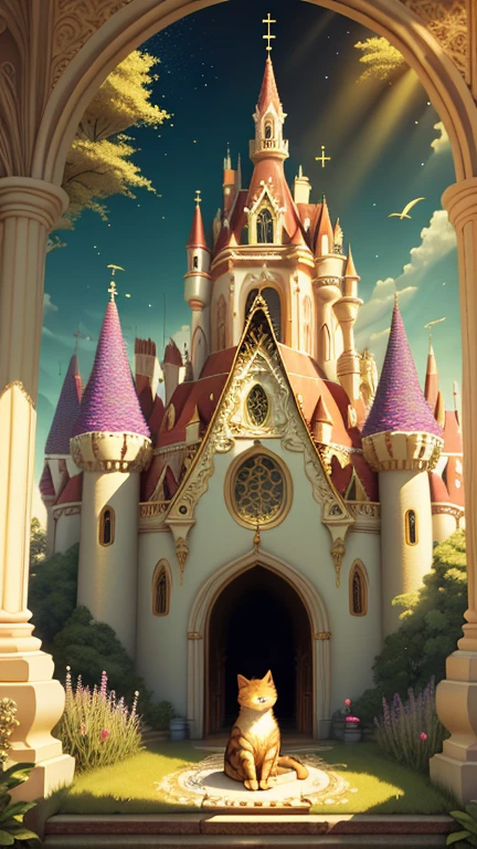 Forest Castle Background, Ivory Gold AI Psychedelic Magic, Cat, Fairy, Clean, bright, Smile