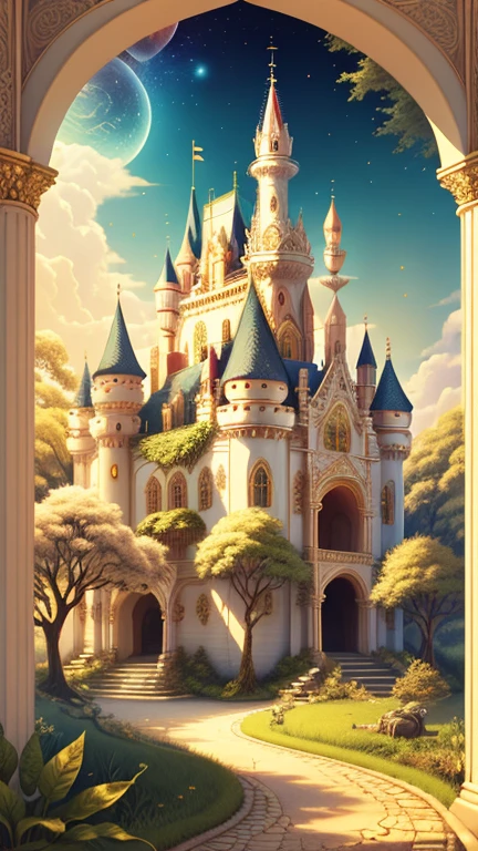 Forest Castle Background, Ivory Gold AI Psychedelic Magic, Cat, Fairy, Clean, bright, Smile