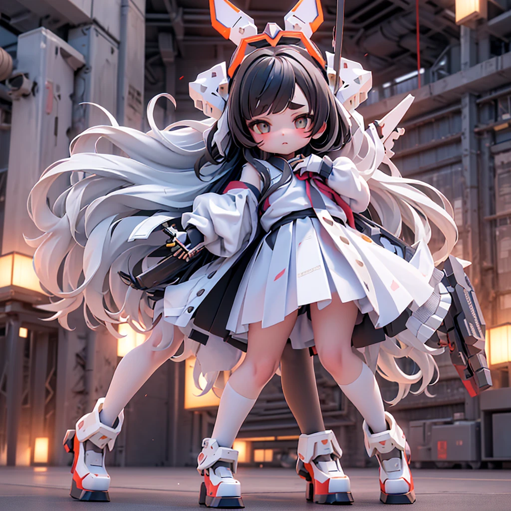 (highest quality)), ((masterpiece)), (very detailed: 1.3), 3d, {(1 young girl)}, (wear navy buruma and white gym uniform with colored hem under armor:1.2), (black hair:1.5), (She is fused with futuristic Gundam mecha:1.2), with headgear, with v-fin , armored shoulders,armored under arms, armored under legs, short sleeve, attached 2 huge weapons on back, legs mounted weapon module, multilayer textureperfect proportions, octane rendering, duotone lighting, Low ISO, wide aperture, White balance, Rule of thirds, ultra HD16k, HDR (High Dynamic Range), Ray Tracing, nvidia RTX, Super Resolution, Subsurface Scattering, PBR Texturing, Post Processing, Anisotropic Filtering, Depth of Field, Maximum Clarity and Clarity, High efficiency subpixel, subpixel convolution, particles of light, light scattered, Tyndall effect, full body:1.5, battle pose, cute, (cute:1.2), (long hair:1.3),Thick eyebrows, Light-colored irises, Big, bright black eyes, Long eyelashes, Small, light-colored, natural lips, (Average face of Japanese idols), (The uniquely Japanese childlike face:1.3), (baby face), Wide forehead:1.2, Plump Cheeks, Small jaw, in the hangar,looking at viewer,Focus on the eyes , (Four perfect fingers, One thumb),