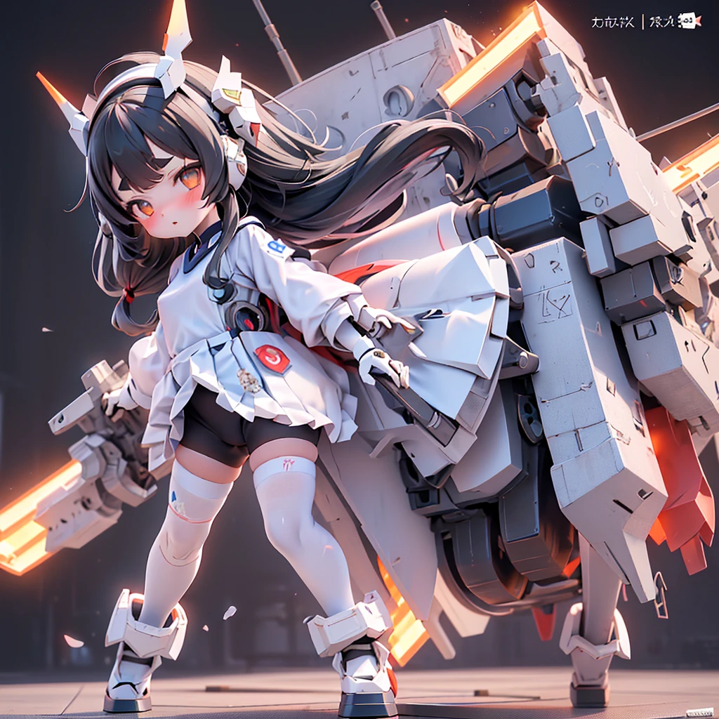 (highest quality)), ((masterpiece)), (very detailed: 1.3), 3d, {(1 young girl)}, (wear navy buruma and white gym uniform with colored hem under armor:1.2), (black hair:1.5), (She is fused with futuristic Gundam mecha:1.2), with headgear, with v-fin , armored shoulders,armored under arms, armored under legs, short sleeve, attached 2 huge weapons on back, legs mounted weapon module, multilayer textureperfect proportions, octane rendering, duotone lighting, Low ISO, wide aperture, White balance, Rule of thirds, ultra HD16k, HDR (High Dynamic Range), Ray Tracing, nvidia RTX, Super Resolution, Subsurface Scattering, PBR Texturing, Post Processing, Anisotropic Filtering, Depth of Field, Maximum Clarity and Clarity, High efficiency subpixel, subpixel convolution, particles of light, light scattered, Tyndall effect, full body:1.5, battle pose, cute, (cute:1.2), (long hair:1.3),Thick eyebrows, Light-colored irises, Big, bright black eyes, Long eyelashes, Small, light-colored, natural lips, (Average face of Japanese idols), (The uniquely Japanese childlike face:1.3), (baby face), Wide forehead:1.2, Plump Cheeks, Small jaw, in the hangar,looking at viewer,Focus on the eyes , (Four perfect fingers, One thumb),