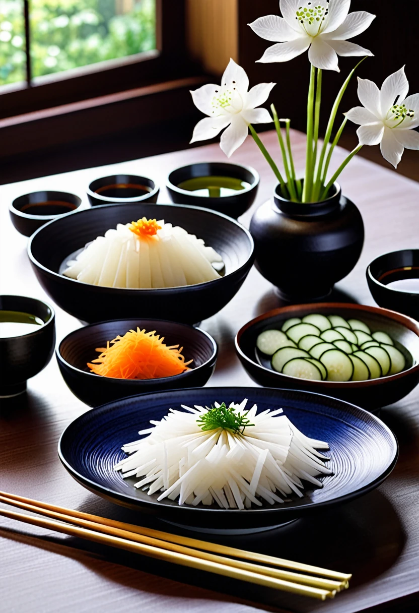 A beautiful image of traditional Kyoto senmaizuke. Thinly sliced daikon radish is arranged neatly, with the gloss and color of the pickles expressed realistically. The scene shows traditional Kyoto senmaizuke placed on a table, with Japanese-style tableware and chopsticks in the background, evoking the atmosphere of Kyoto.