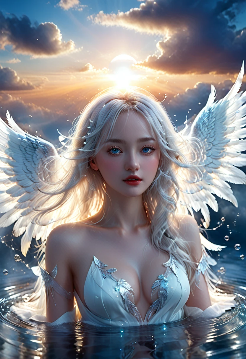 "Gere uma imagem de um anjo em 8k derramando gotas de cura sobre um mundo aflito. The scene should convey the idea of healing and spiritual renewal."