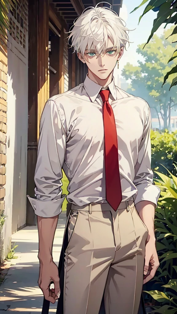 Boy 
Green eyes
White medium hair
handsome.very handsome 
carefree.
age - 19
White loose shirt and a red tie , sleeves folded up
Back trousers 
Still a bit skinny