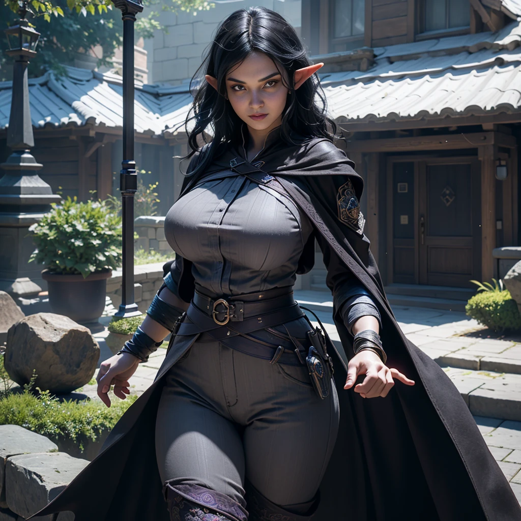 ((Best quality)), ((masterpiece)), (detailed: 1.4), 3D, (half-elf sorceress), (black hair, purple eyes:1.5, pale brown skin), (black robe, purple sleeves, grey pants, black boots and black armbands), (huge tits, big booty, short, curvy), (heavy gothic makeup), HDR (High Dynamic Range),Ray Tracing,NVIDIA RTX,Super-Resolution,Unreal 5,Subsurface dispersion, PBR texture, Post-processing, Anisotropic filtering, Depth of field, Maximum clarity and sharpness, Multilayer textures, Albedo and specular maps, Surface shading, Accurate simulation of light-material interaction, Perfect proportions, Octane Render, Two-tone lighting,Wide aperture,Low ISO,White balance,Rule of thirds,8K RAW,