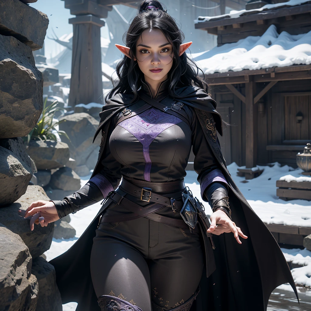 ((Best quality)), ((masterpiece)), (detailed: 1.4), 3D, (half-elf sorceress), (black hair, purple eyes:1.5, pale brown skin), (black robe, purple sleeves, grey pants, black boots and black armbands), (huge tits, big booty, short, curvy), (heavy gothic makeup), HDR (High Dynamic Range),Ray Tracing,NVIDIA RTX,Super-Resolution,Unreal 5,Subsurface dispersion, PBR texture, Post-processing, Anisotropic filtering, Depth of field, Maximum clarity and sharpness, Multilayer textures, Albedo and specular maps, Surface shading, Accurate simulation of light-material interaction, Perfect proportions, Octane Render, Two-tone lighting,Wide aperture,Low ISO,White balance,Rule of thirds,8K RAW,