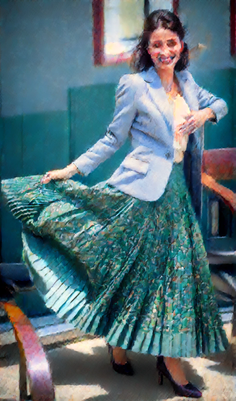 A smiling, authentic, (shy:1,3), kind, beautiful woman, is passionately in love with her skirt, wind wildly lifts her skirt, wearing uniform jacket and very, very detailed (long (fully pleated) full circle skirt) and (low heeled court shoes), very, very intricate hyper-detailed symmetric (attractive graceful young feminine face) with (sad, tired eyes and a loving smile), very voluptuous breasts, full of empathy and compassion and love, (pronounced (feminine) features), (highly detailed ultra accurate realistic) hands and fingers, (windy), epic composition, highly detailed attributes, (35mm f1.4 Kodak portra 400 photograph), extremely high quality RAW photograph, highly detailed atmosphere, sci-fi, cinematic shot, dynamic lighting, 75mm, Technicolor, Panavision, cinemascope, sharp focus, fine details, 8k, HDR, realism, realistic, key visual, film still, superb cinematic color grading, depth of field