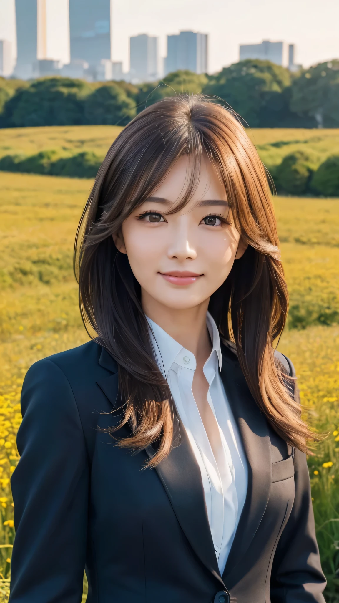 highest quality、genuine、Super detailed、finely、High resolution、8k wallpaper、one beautiful woman、、、light brown disheveled hair、wearing a business suit、sharp focus、perfect dynamic composition、beautiful and detailed eyes、thin hair、Detailed genuine skin texture、smile、model body shape、In Tokyo at morning、In a windswept meadow