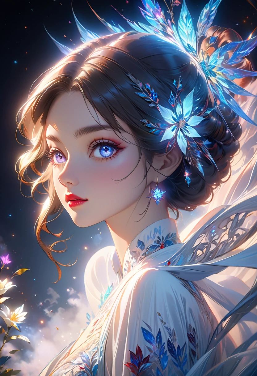 a beautiful girl, extremely detailed, highly detailed, intricate fractal art, 1girl, beautiful stars eyes, beautiful detailed lips, extremely detailed eyes and face, long eyelashes, Elegant Pose, cinematic lighting, Volumetric fog, dramatic colors, vibrant and vivid, photorealistic, 8K, best quality, masterpiece, official artwork, beautiful and aesthetic,Half-length portrait