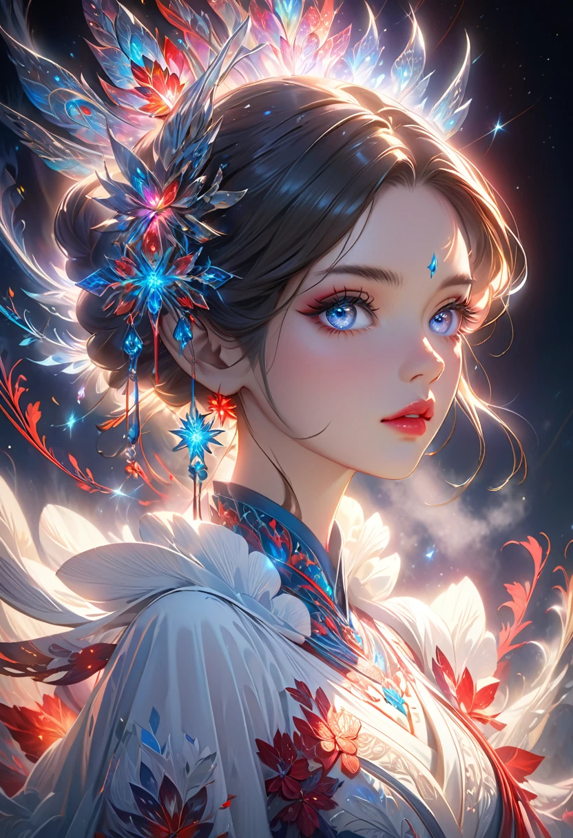 a beautiful girl, extremely detailed, highly detailed, intricate fractal art, 1girl, beautiful stars eyes, beautiful detailed lips, extremely detailed eyes and face, long eyelashes, Elegant Pose, cinematic lighting, Volumetric fog, dramatic colors, vibrant and vivid, photorealistic, 8K, best quality, masterpiece, official artwork, beautiful and aesthetic，Half-length portrait