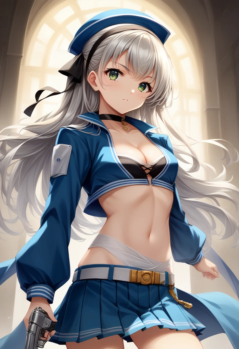 score_9,score_8_up,score_7_up,score_6_up,score_5_up,score_4_up, ,source_anime BREAK,from front,front view,(soro focus),,straight-on,standing,,looking at viewer,masterpiece, best quality, very aesthetic, absurdres,extremely detailed CG unity 8k wallpaper,cinematic angle, great lighting, detailed shadows,detailed body, anime artwork, anime style, key visual, vibrant,studio anime, highly detailed, anime coloring,raceElie, hairband, choker, blue hat, blue jacket, cropped jacket, cleavage, midriff, blue shorts, pleated skirt,holding a pistol,silver pistol,aiming at viewer, (focused pistol), (zoom in upper body:1.2),