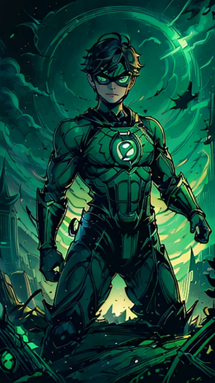 best quality,masterpiece,1boy,solo,(((13years old))),japanese boy,an extremely cute and handsome boy,highly detailed beautiful face and eyes,petit,cute face,lovely face,baby face,shy smile,show teeth,brown hair,short hair,flat chest,skinny,slender(((wearing a Green Lantern costume,green dominomask))),(((Heroic pose in Dark Midnight Fantasy style Gotham castle))),he is looking at the viewer,