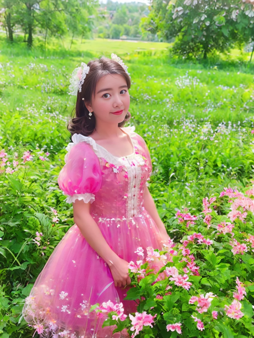 1girl, solo, with beautiful eyes, exquisite hair accessories, beautiful cheeks, wearing a pink Lolita dress, the background is green grass, beautiful flowers, Lolita style, masterpiece, high quality and high resolution, cowboy shot, 1mzqr1