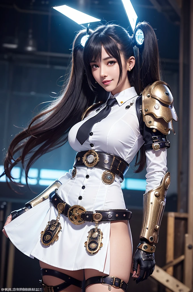 Woman portrait、Highest quality、Rear view、8K,Detailed face, clear, Fine skin、Clear, beautiful eyes、whole body、Curly Hair、My hair was messed up by the wind、The beauty of a smile、(Glamorous Muscle、tall),(Hip_superior, Hip superior), Mature Woman,( Watching the audience),Realistic, High resolution, Soft Light,1 female, alone, Hipアップ, Glowing Skin, (Detailed face), Sexy smile, Perfect Style, Perfect balance,Black hair,Twin tails,Naughty look,((Steampunk Cyber Angel,Mature Woman)),(Light blue mech, High-tech Mecha,Beautiful steampunk cyborg woman,Steampunk Mecha Cyborg Girl,Steampunk light blue and white cyber angel,white dress shirt、buttons、Short jeweled tie、Gemstone Helmet,belt steampunk bodystocking,High leg,Lavish decoration,Steampunk dress、gloves,),((arms behind back)),(bokeh),(studio lighting)