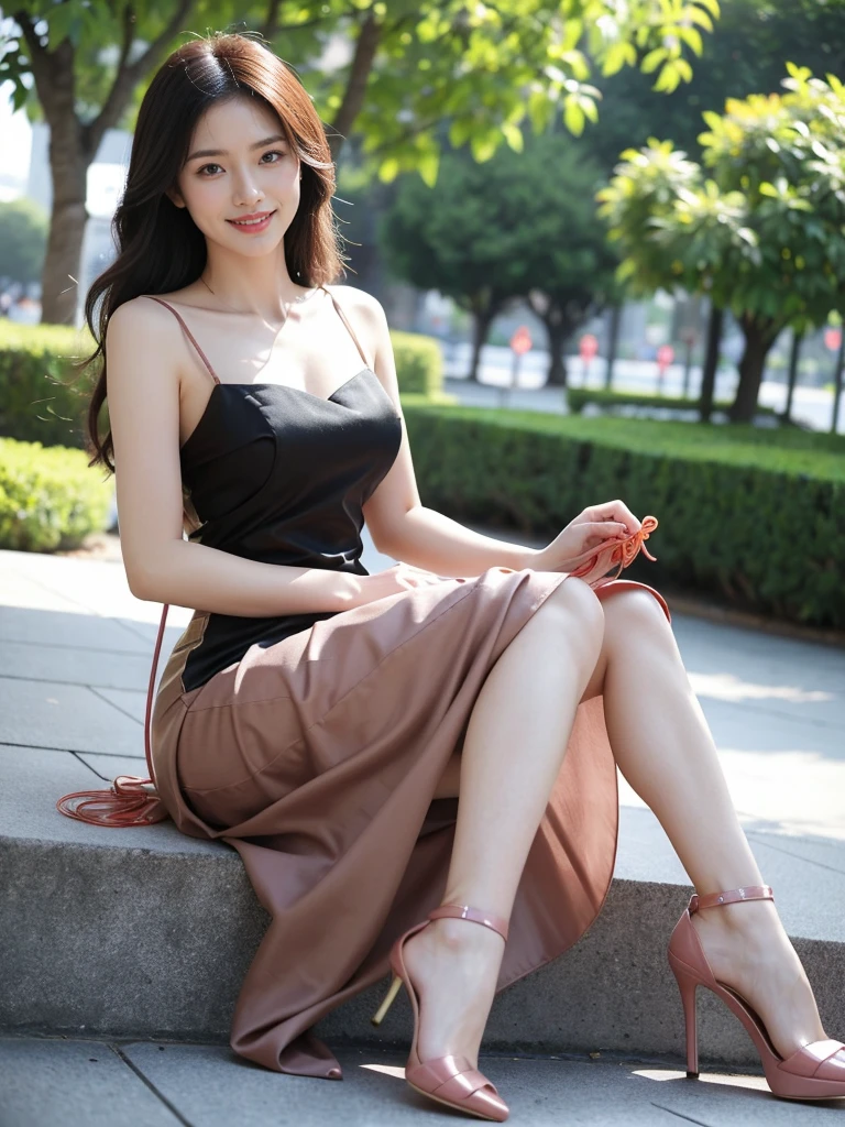 最high quality, 8K, Masseter area, Full of energy, Be focused, high quality, high resolution, Delicate face, Fine particles, thick lips, (Looking at the audience), solitary, Beautiful woman, 25 years old,Full figure， Plum, Black long hair,  (Light-colored spaghetti-strap twill dress:1.5)，Without sunlight，In front of the park garden,（Sitting on a chair in the park：1.5）、blur background，((Smile:1.5))、((Wearing black high heels))，High target