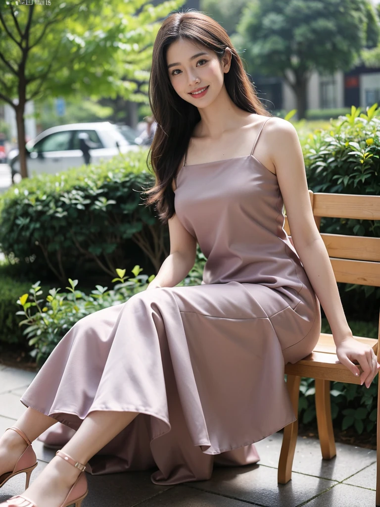 最high quality, 8K, Masseter area, Full of energy, Be focused, high quality, high resolution, Delicate face, Fine particles, thick lips, (Looking at the audience), solitary, Beautiful woman, 25 years old,Full figure， Plum, Black long hair,  (Light-colored spaghetti-strap twill dress:1.5)，Without sunlight，In front of the park garden,（Sitting on a chair in the park：1.5）、blur background，((Smile:1.5))、((Wearing black high heels))，High target