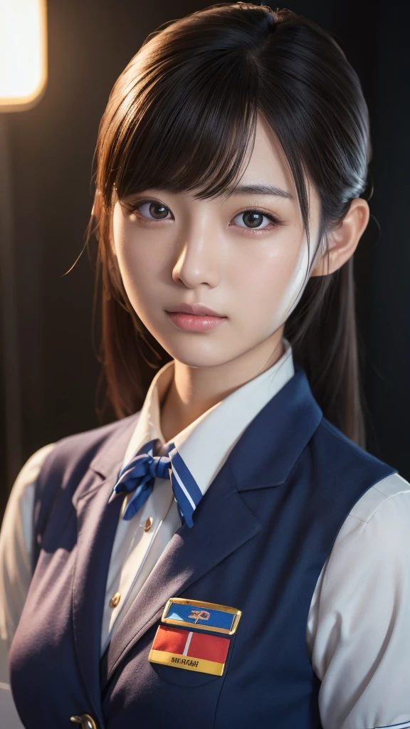 A beautiful young Japanese woman, around 20 years old, wearing a stewardess uniform, ultra-detailed, 8K resolution, highly realistic, cinematic lighting, best quality, masterpiece, photorealistic, physically-based rendering, extremely detailed, vivid colors, professional, sharp focus, studio lighting