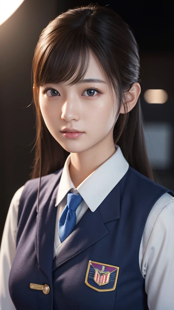 A beautiful young Japanese woman, around 20 years old, wearing a stewardess uniform, ultra-detailed, 8K resolution, highly realistic, cinematic lighting, best quality, masterpiece, photorealistic, physically-based rendering, extremely detailed, vivid colors, professional, sharp focus, studio lighting