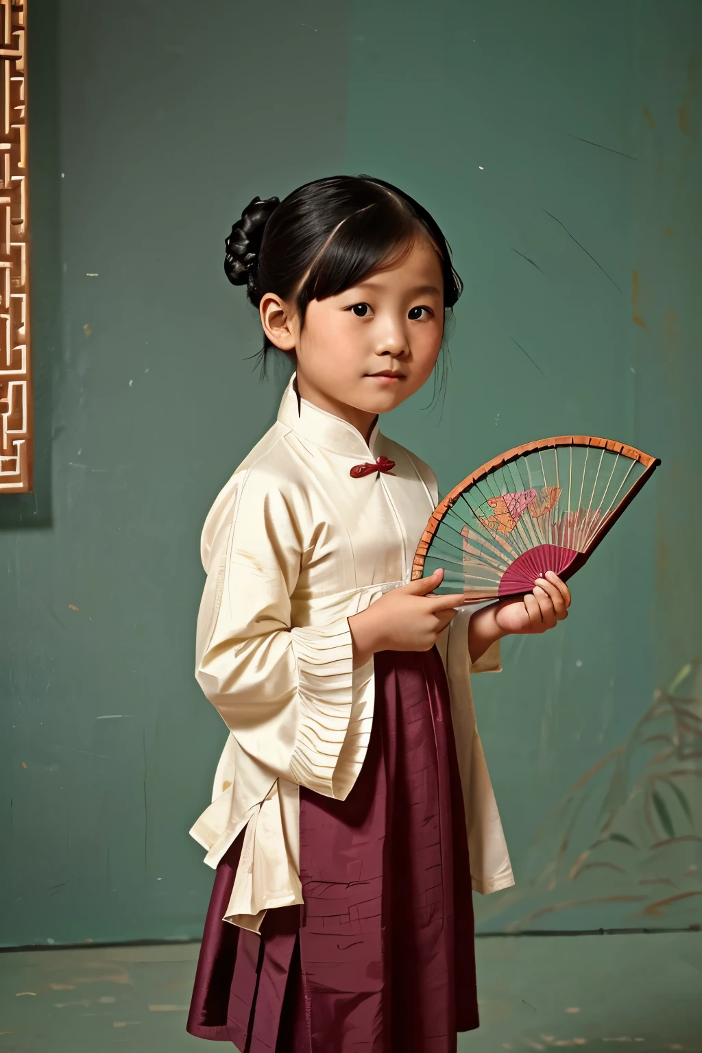 Puwei, China, 1830. A little ((((7-year-old)) WhiteLily)), girl, with a ((fan)), ((((chinese clothings from the 1830s)))), ((short bob hairstyle of the 1830s)), ((colorful))