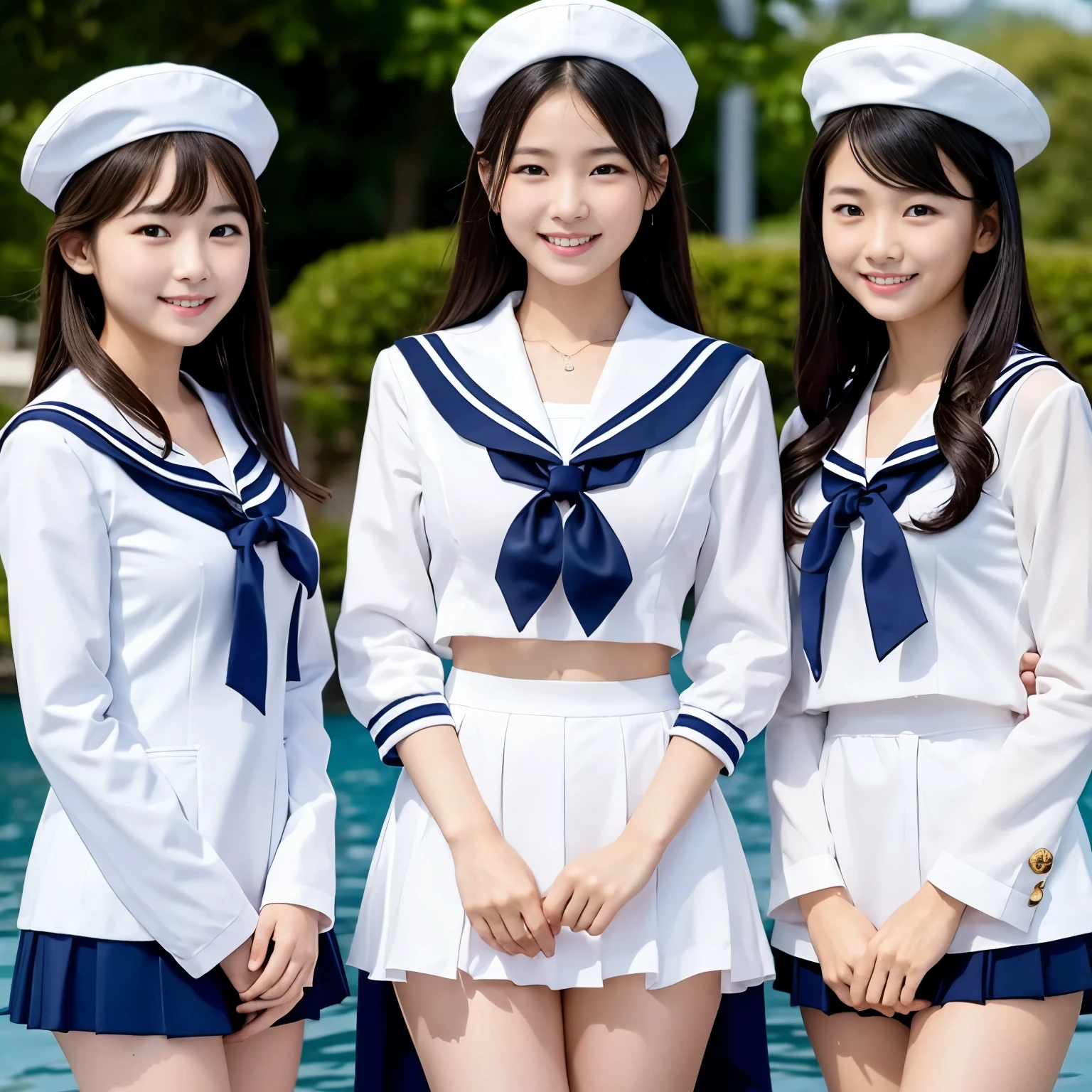 Three beautiful women、 、Upper Body、Waist、thigh、Lady、80mm lens、Highest quality、Small breasts、Small Breasts、Are thin、Luxury、smile、Reception、Sailor suit、Three people