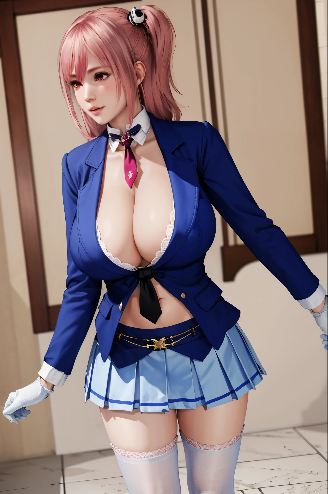 Honoka, Blue Blazer, tie, Pleated Skirt, one glove, White stockings, university student，Pink Hair，Huge breasts，Cleavage，Low-cut