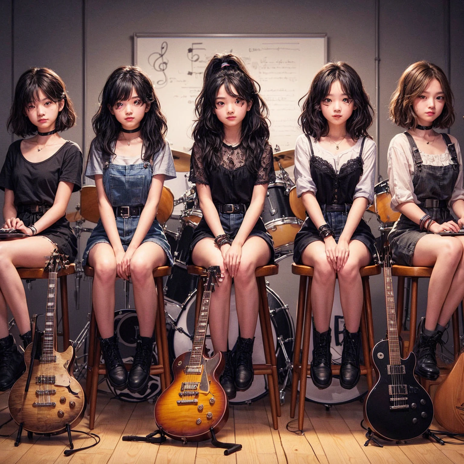 **Photo of 5 beautiful girls, aged 18 to 20, sitting:**
- **3 girls with messy black hair**
- **1 girl with wavy bob black hair**
- **1 girl with a black ponytail**
One girl is playing the drums, one girl is playing the piano, one girl is playing the bass guitar, one girl is playing the guitar, and one girl is singing. They are sitting behind a board with the word "ECHO" written on it. The background is a music studio, complete with drums, guitars, bass guitar, and piano. The image is ultra HD, 4k, photorealistic, raw, and a masterpiece.