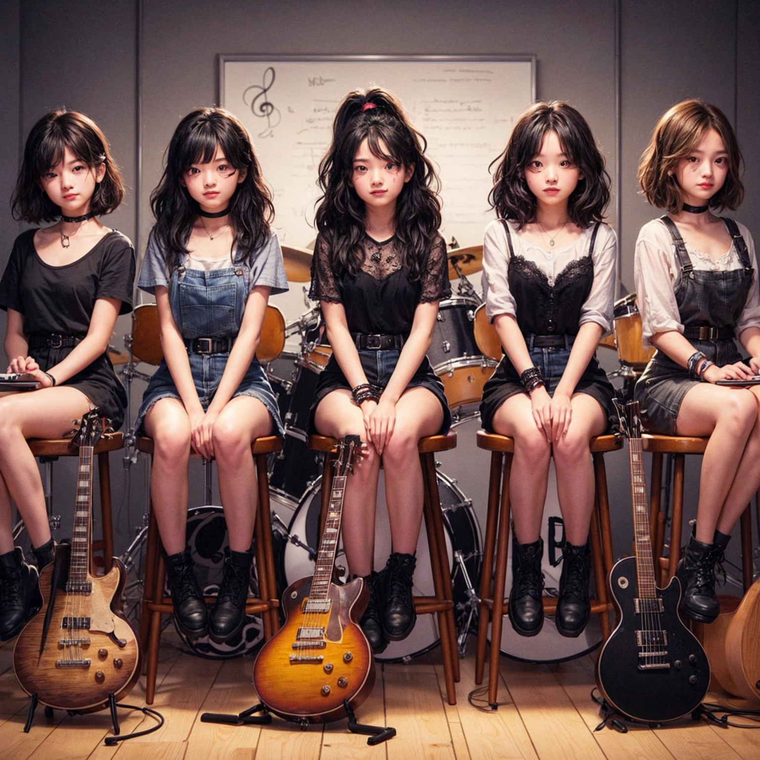 **Photo of 5 beautiful girls, aged 18 to 20, sitting:**

- **3 girls with messy black hair**
- **1 girl with wavy bob black hair**
- **1 girl with a black ponytail**

One girl is playing the drums, one girl is playing the piano, one girl is playing the bass guitar, one girl is playing the guitar, and one girl is singing. They are sitting behind a board with the word "ECHO" written on it. The background is a music studio, complete with drums, guitars, bass guitar, and piano. The image is ultra HD, 4k, photorealistic, raw, and a masterpiece.