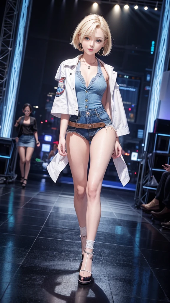 highest quality, High resolution, AND18, 1 girl, android 18, alone, blonde hair, blue eyes, short hair, cute smile,earrings, jewelry, denim dress, open vest, black sports bra, jeans miniskirt, blue mini skirt, small breasts, cowboy shot, She wears black short boots,in the spotlight on the stage,