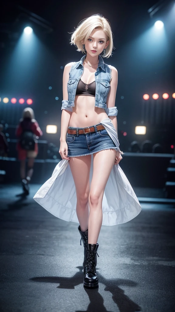 highest quality, High resolution, AND18, 1 girl, android 18, alone, blonde hair, blue eyes, short hair, cute smile,earrings, jewelry, denim dress, open vest, black sports bra, jeans miniskirt, blue mini skirt, small breasts, cowboy shot, She wears black short boots,in the spotlight on the stage,