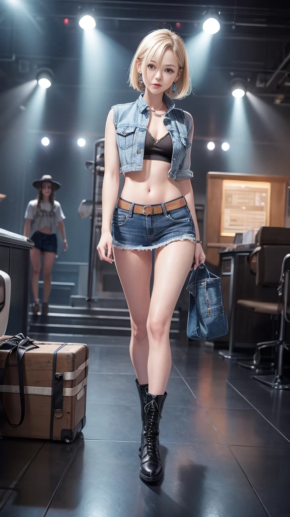 highest quality, High resolution, AND18, 1 girl, android 18, alone, blonde hair, blue eyes, short hair, cute smile,earrings, jewelry, denim dress, open vest, black sports bra, jeans miniskirt, blue mini skirt, small breasts, cowboy shot, She wears black short boots,in the spotlight on the stage,