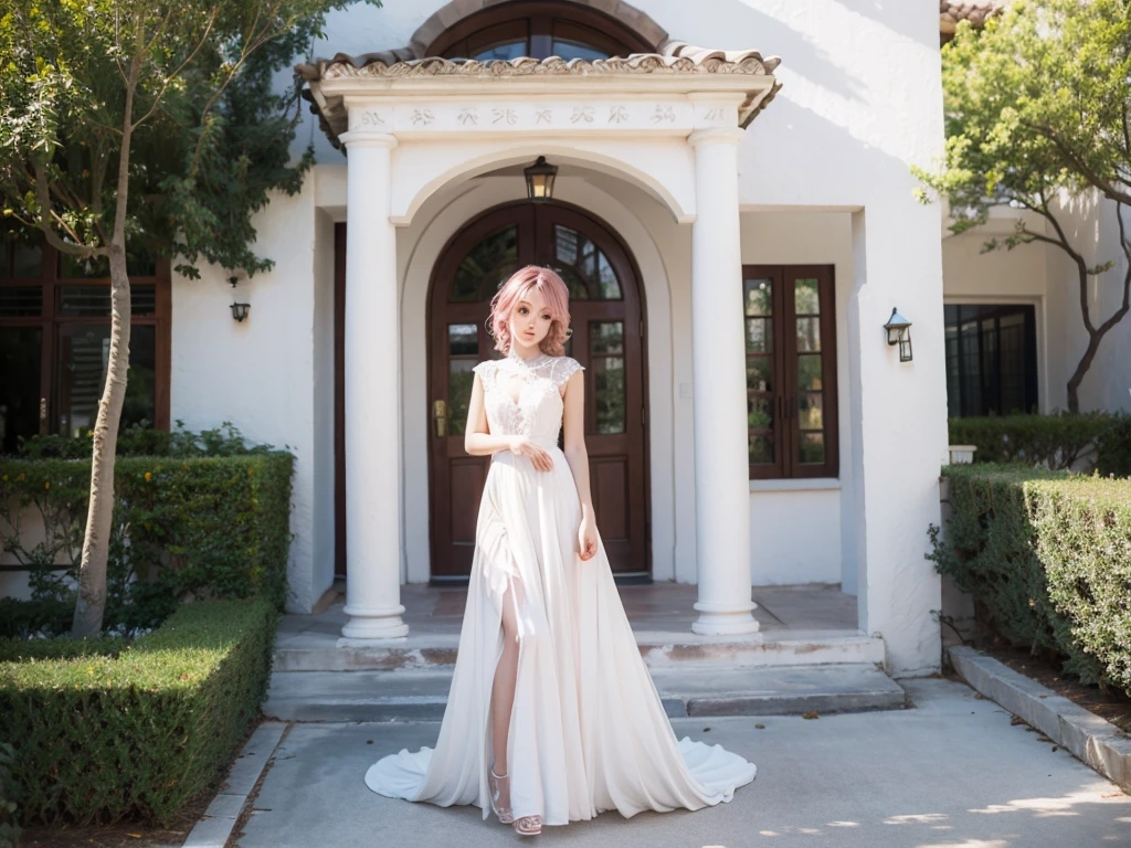 masterpiece, Highest quality, Very detailed, figure, Beautiful attention to detail, close, 1 Girl, Pink Hair, White Dress, Entrance of the villa, Standing position, Downward