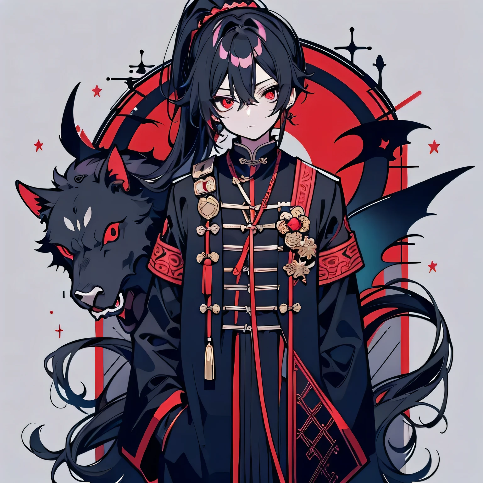 antiquity,Single ponytail,man,Adult male,Taoist priest costume,Black clothes,immortal,Fairy wind road bone,long hair,black hair,red eyes,Standing,hands behind the back