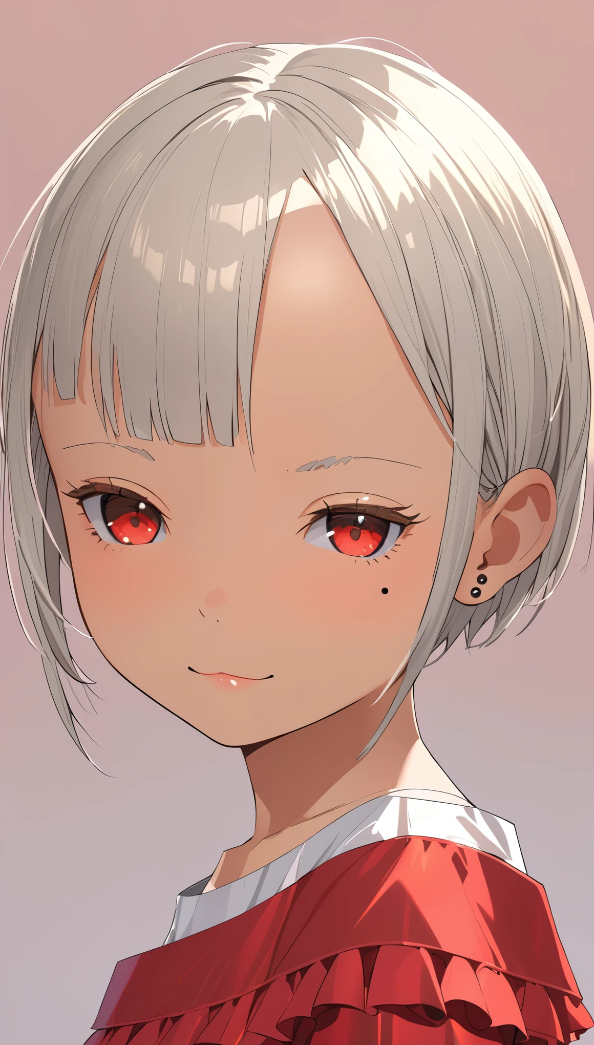 in style of Ashley Wood,(in style of by Liu Ye:0.9),
1girl,anime girls,(loli:3),(red eyes:1.3),(square eye sockets:1.3),(long eyes:1.3),(half-closed eyes:1.5),(squinting:2.2),(mole under eye:1.5),black skin,ear piercing,(extremely short hair:1.4),(prehensile_hair:1.3),
portrait,head tilt,from_back,white off-the-shoulder t-shirt,