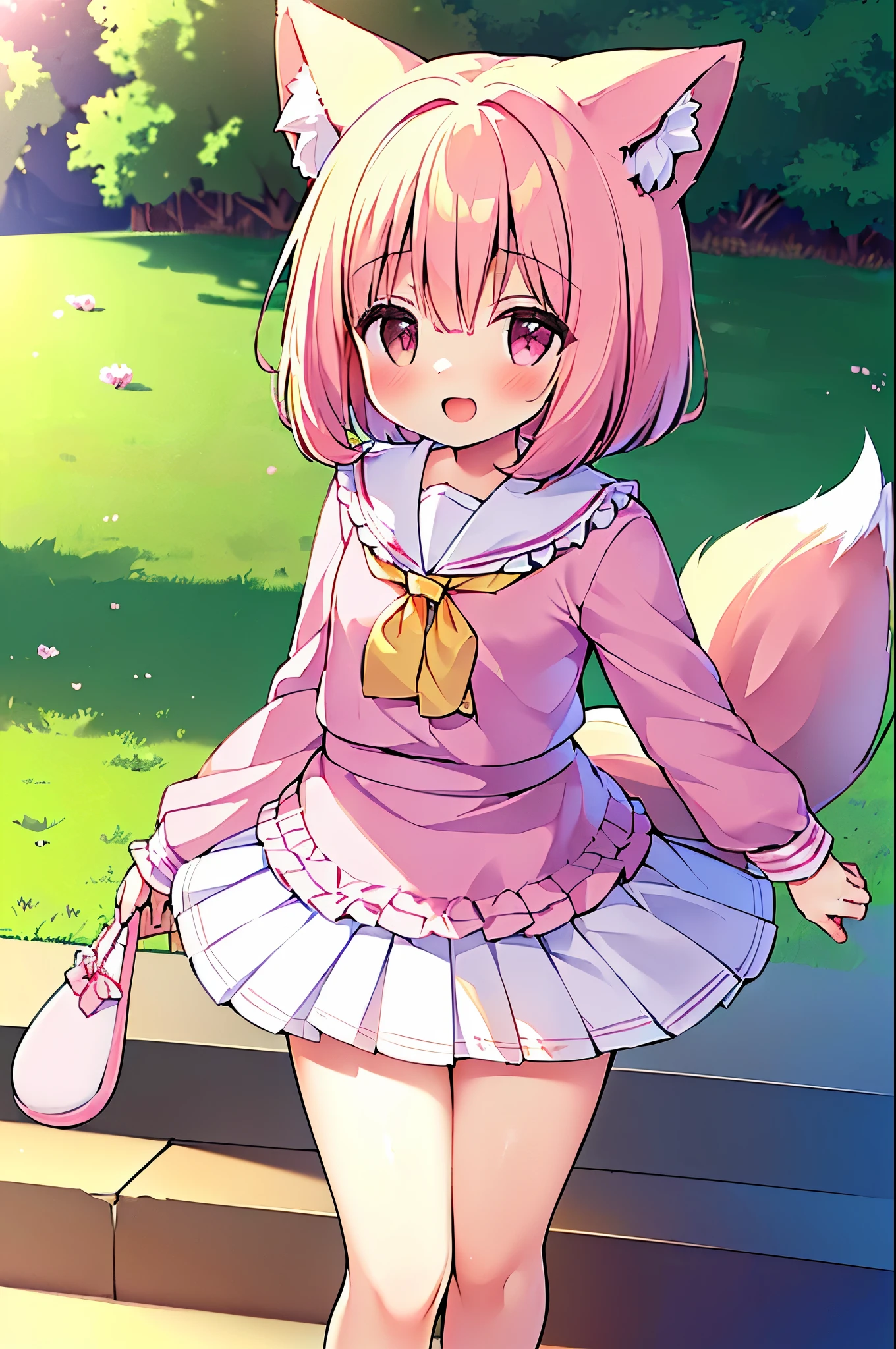 (((masterpiece))), (((最high quality))), (((high quality))), (((beautiful))), (((8K))), (((High resolution)) (((超High resolution))), (((High resolution))), (((Great illustrations))), (1 Girl:1.4), (Pink Short Hair:1.3), (Pink fox tail:1.4), (Pink fox tail:1.2), Pink fox ears, (Pink Eyes), (Very small breasts:1.5), (Ultra-flat chest:1.4), (Cowboy Shot:1.3), (Cowboy Shot:1.4), (Laughter:1.3), (Long sleeve:1.3), (Sailor suit:1.6), (Standing on the steps in the park:1.4), (Pleated skirt with white ruffles:1.5)